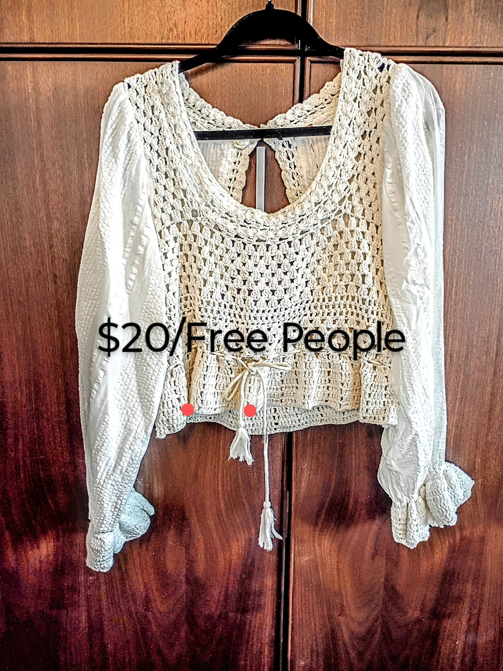 Free People Boho White Crochet Tie-Front Blouse with Puff Sleeves
